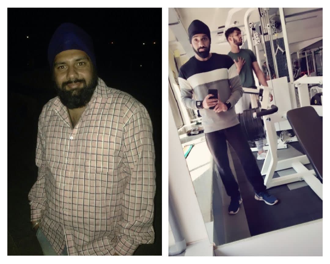 Side-by-side photos of a man in casual clothing and at a gym