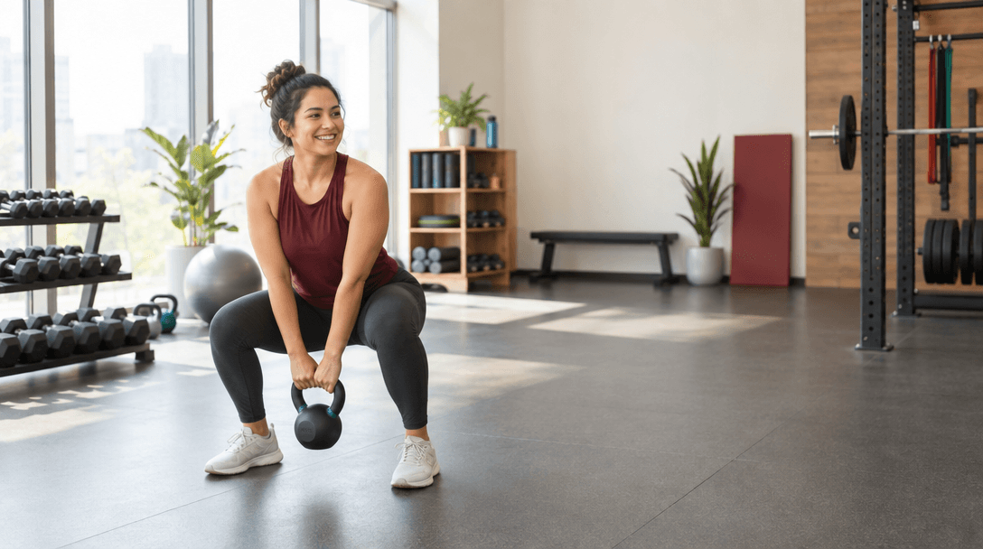 A woman exercising with a kettlebell in a bright, welcoming gym